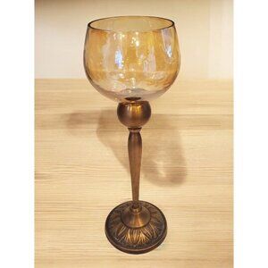 Brass And Colored Glass Candle Holder Goblet Tealight Votive 10 Inches tall VTG